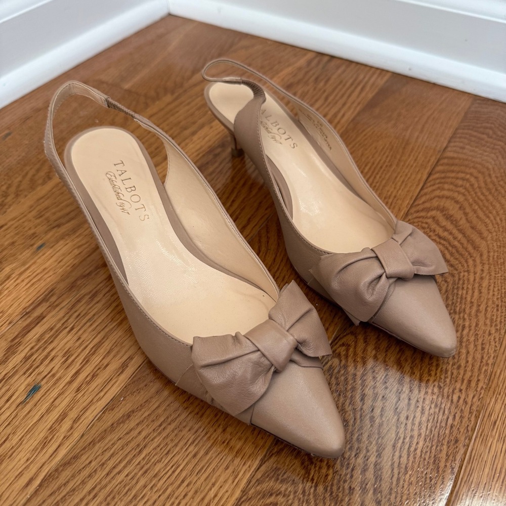 Talbots Tan Leather Bow Pointed Toe Slingback Kitten Heels 6B Made in Brazil